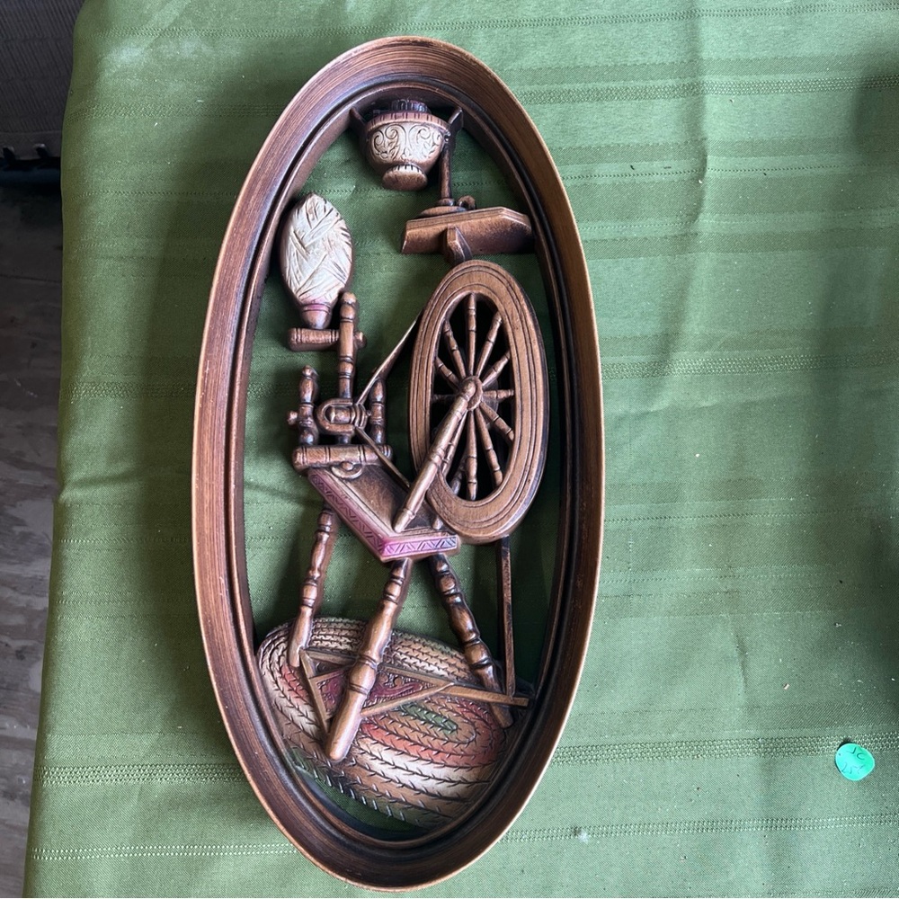 Vtg 1960's Burwood Products Woodlike 3D Wall Hanging Spinning Wheel 17x8